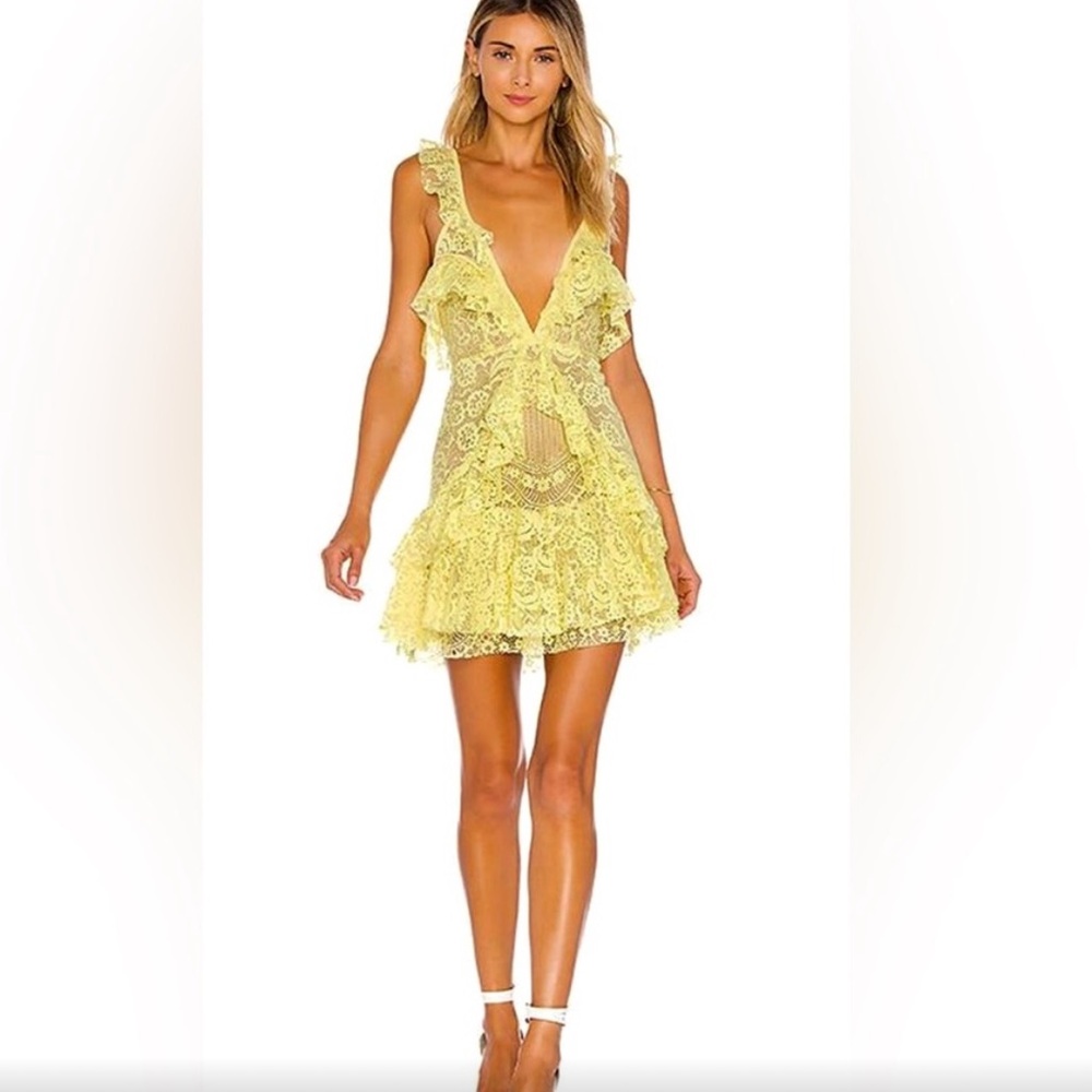 For Love And Lemons Yellow Lace Mini Dress